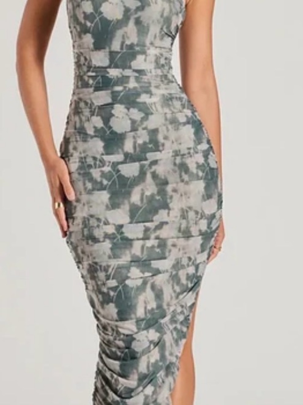 Windsor Floral Ruched Bodycon Dress in Sage Green